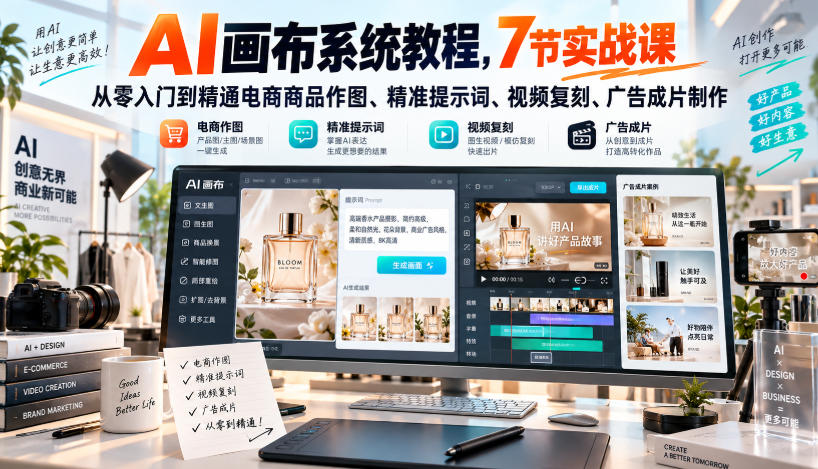 AI画布系统教程，7节实战课从零入门到精通电商商品作图、精准提示词、视频复刻、广告成片制作-爱搭资源网