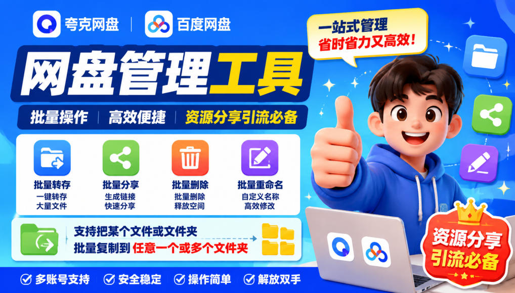 夸克网盘批量文件重命名，批量转存、批量分享、批量复制，内置AI功能-爱搭资源网