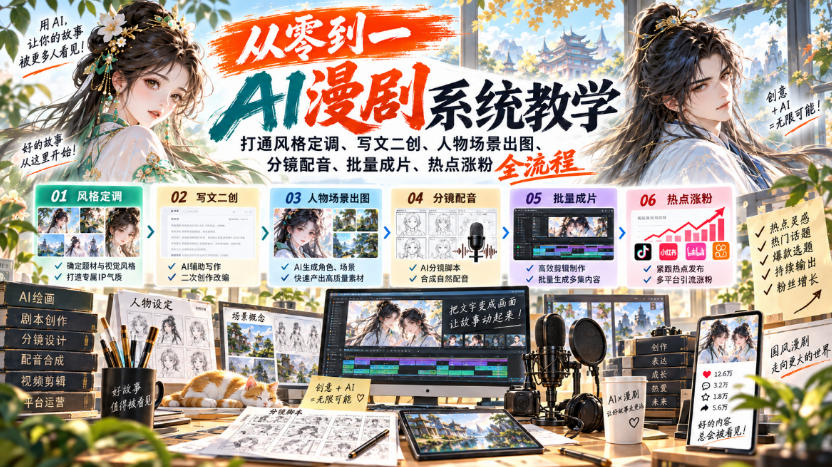 从零到一AI漫剧系统教学，打通风格定调、写文二创、人物场景出图、分镜配音、批量成片、热点涨粉全流程-爱搭资源网