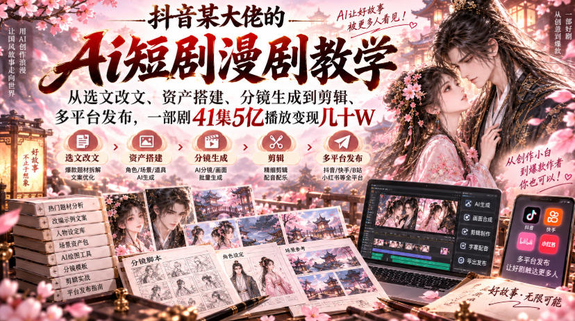 抖音某大佬的Ai短剧漫剧教学，从选文改文、资产搭建、分镜生成到剪辑、多平台发布，一部剧41集5亿播放变现几十W-爱搭资源网