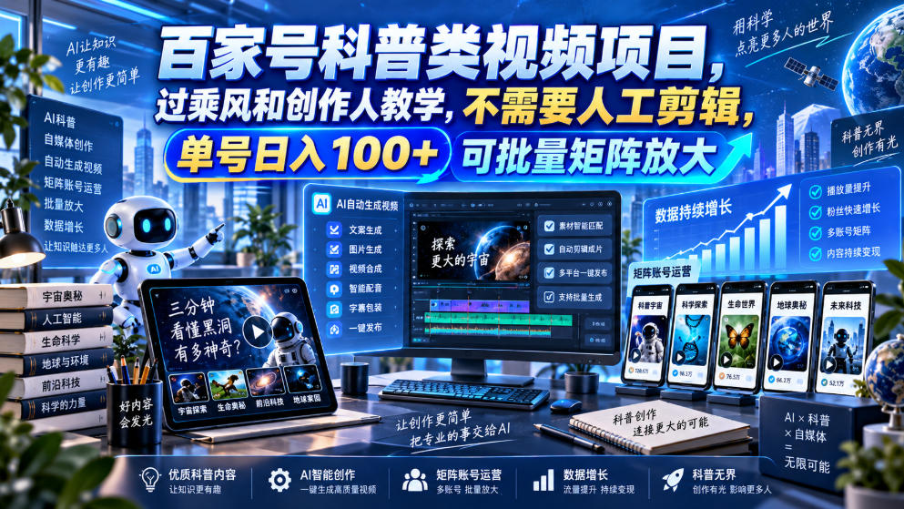 百家号科普类视频项目，过乘风和创作人教学，不需要人工剪辑，单号日入100+可批量矩阵放大-爱搭资源网