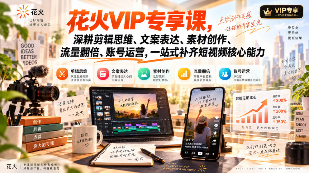 花火VIP专享课，深耕剪辑思维、文案表达、素材创作、流量翻倍、账号运营，一站式补齐短视频核心能力-爱搭资源网