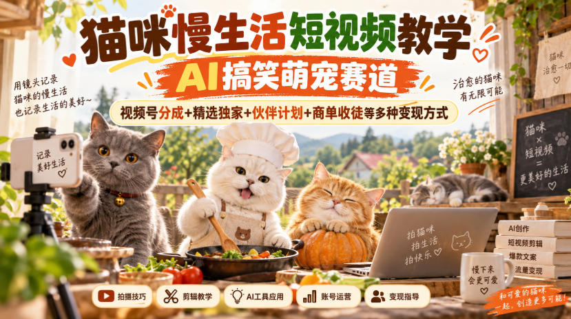 猫咪慢生活短视频教学，AI搞笑萌宠赛道，视频号分成+精选独家+伙伴计划+商单收徒等多种变现方式-爱搭资源网