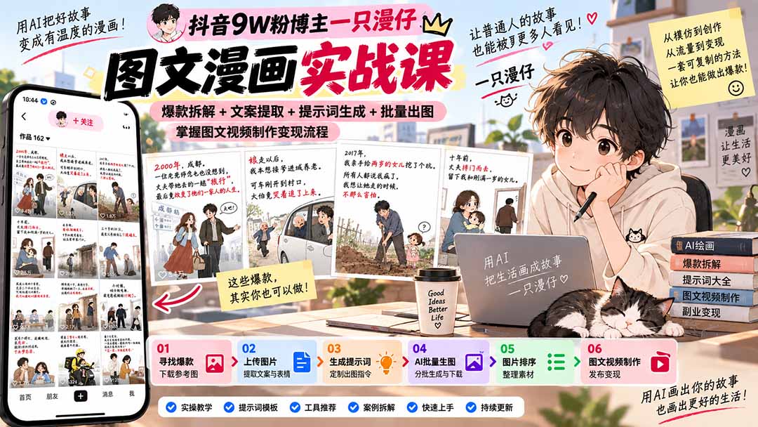 抖音9W粉博主一只漫仔图文漫画课：爆款拆解+文案提取+提示词生成+批量出图，掌握图文视频制作变现流程-爱搭资源网