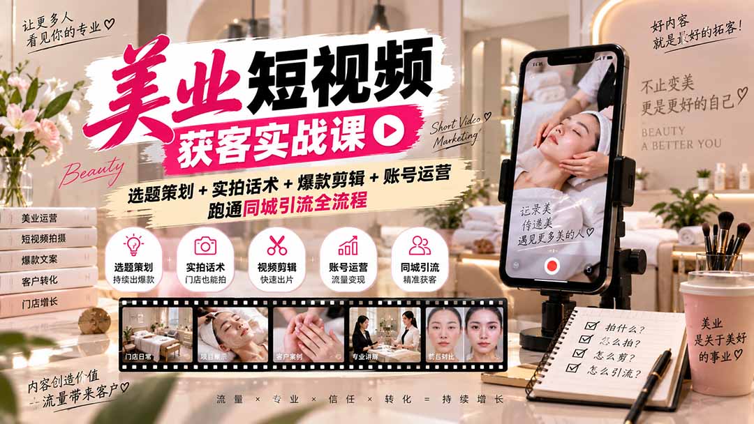 美业短视频获客实战课-无水印：选题策划+实拍话术+爆款剪辑+账号运营，跑通同城引流全流程-爱搭资源网
