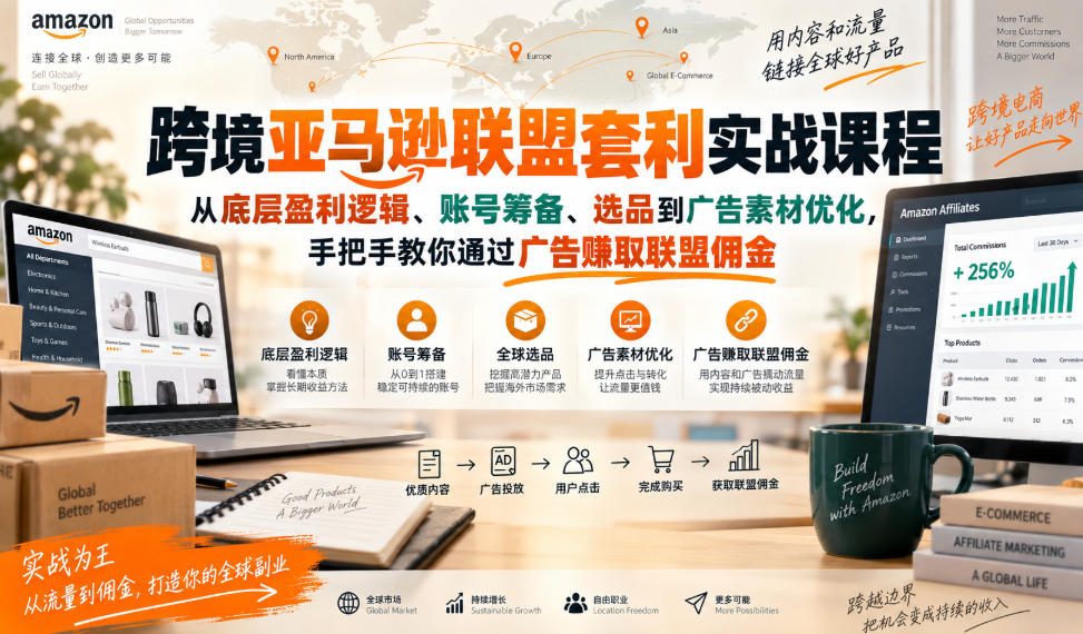 跨境亚马逊联盟套利实战课程，从底层盈利逻辑、账号筹备、选品到广告素材优化，手把手教你通过广告賺取联盟佣金-爱搭资源网