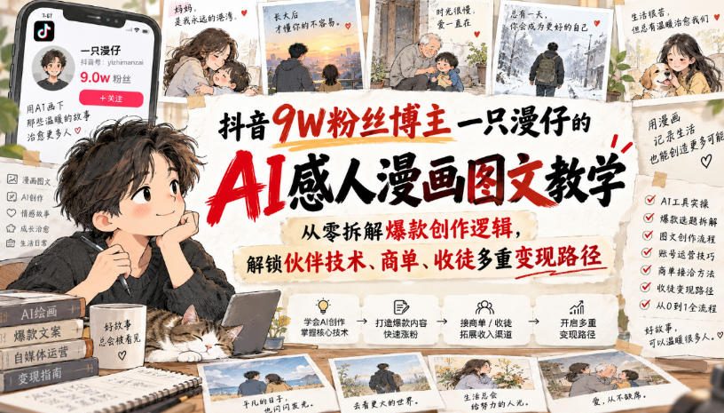 抖音9W粉丝博主一只漫仔的AI感人漫画图文教学，从零拆解爆款创作逻辑，解锁伙伴技术、商单、收徒多重变现路径-爱搭资源网
