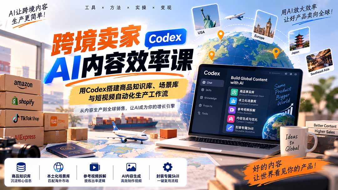 跨境卖家AI内容效率课：用Codex搭建商品知识库、场景库与短视频自动化生产工作流-爱搭资源网