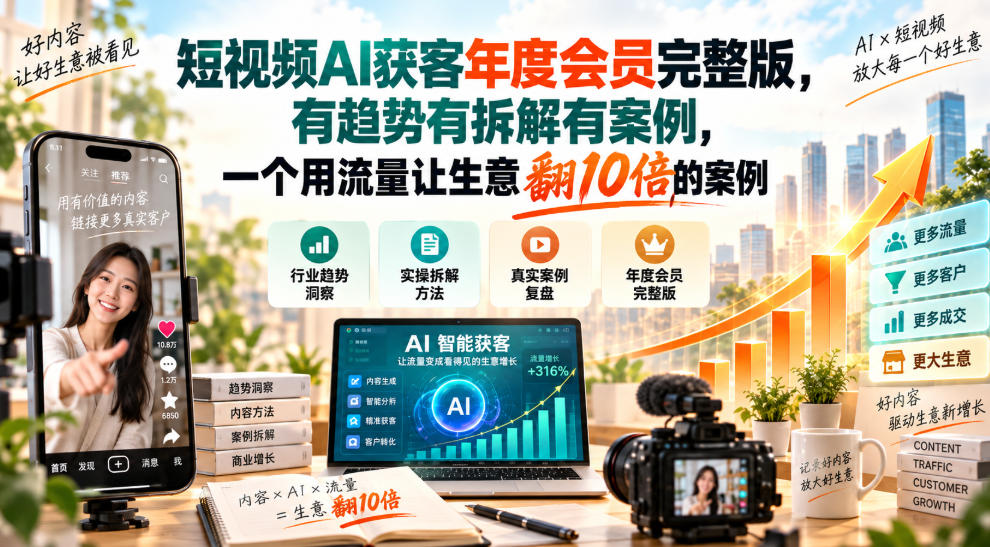 短视频AI获客年度会员完整版，有趋势有拆解有案例，一个用流量让生意翻10倍的案例-爱搭资源网