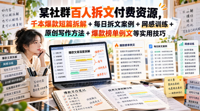 某社群百人拆文付费资源，千本爆款短篇拆解+每日拆文案例+网感训练+原创写作方法+爆款榜单例文等实用技巧(持续更新)-爱搭资源网