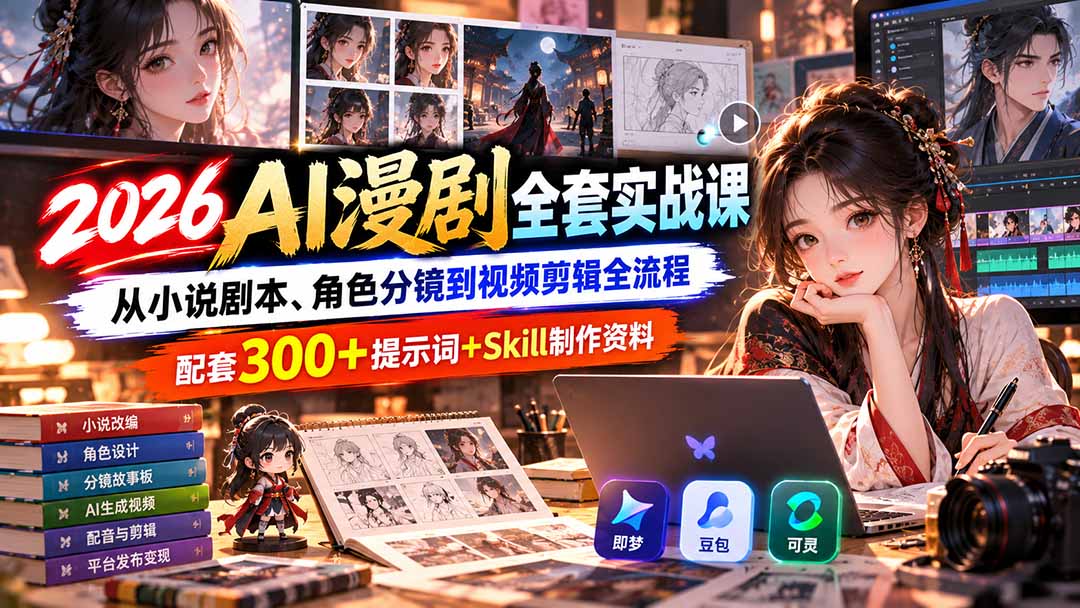 【无水印】2026AI漫剧全套实战课：从小说剧本、角色分镜到视频剪辑全流程，配套300+提示词+Skill制作资料-爱搭资源网