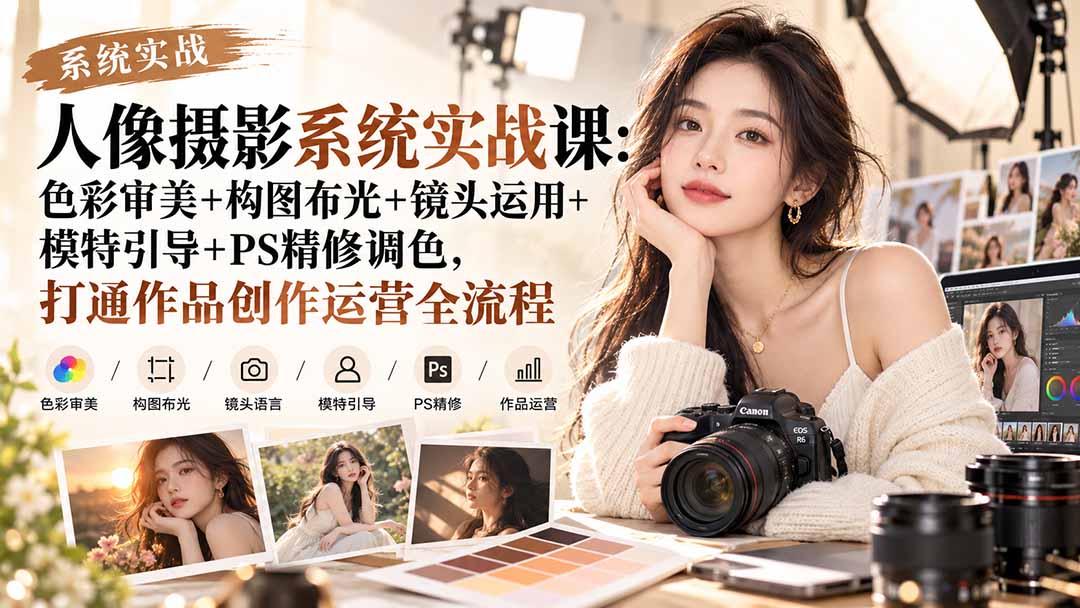 【无水印】人像摄影系统实战课：色彩审美+构图布光+镜头运用+模特引导+PS精修调色，打通作品创作运营全流程-爱搭资源网