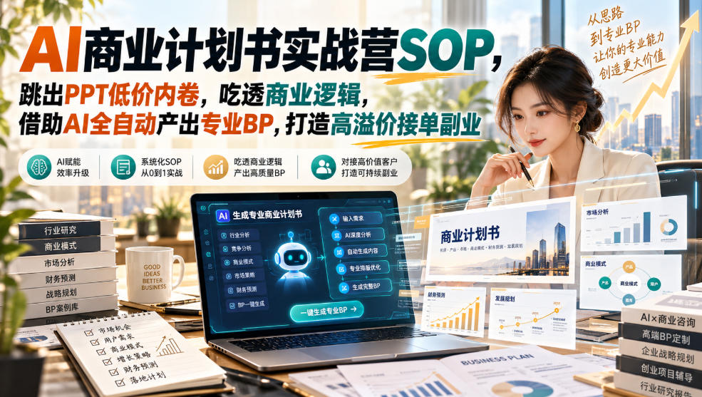 AI商业计划书实战营SOP，跳出PPT低价内卷，吃透商业逻辑，借助AI全自动产出专业BP，打造高溢价接单副业-爱搭资源网