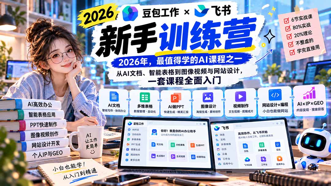 2026豆包工作+飞书新手训练营-9月新课：从AI文档、智能表格到图像视频与网站设计，一套课程全面入门-爱搭资源网