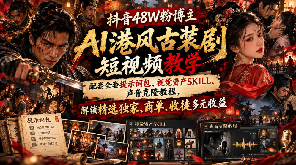 抖音48W粉博主AI港风古装剧短视频教学，配套全套提示词包、视觉资产SKILL、声音克隆教程，解锁精选独家、商单、收徒多元收益-爱搭资源网