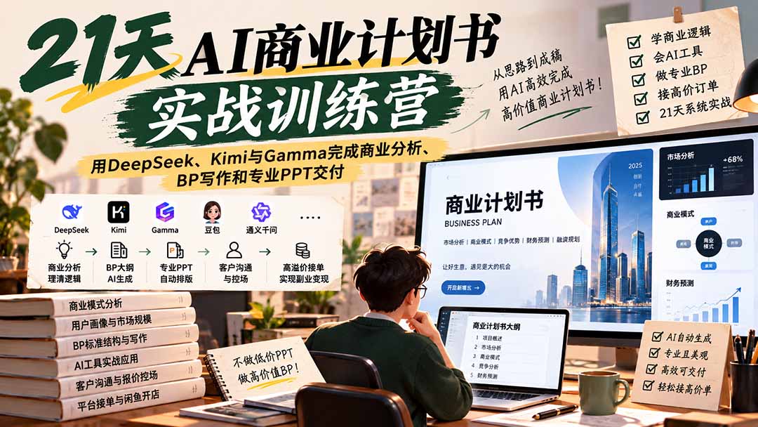 【无水印】21天AI商业计划书实战训练营：用DeepSeek、Kimi与Gamma完成商业分析、BP写作和专业PPT交付-爱搭资源网