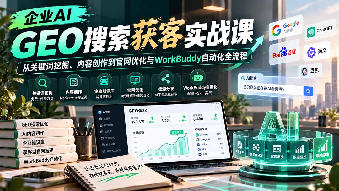 企业AI GEO搜索获客实战课：从关键词挖掘、内容创作到官网优化与WorkBuddy自动化全流程-爱搭资源网