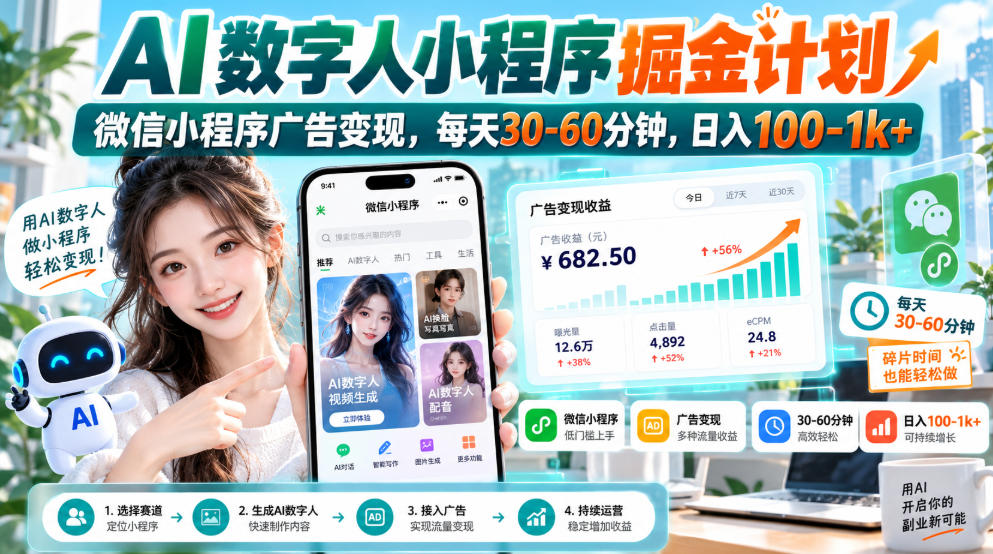 【无水印】AI数字人小程序掘金计划，微信小程序广告变现，每天30‑60分钟，日入100‑1k+-爱搭资源网