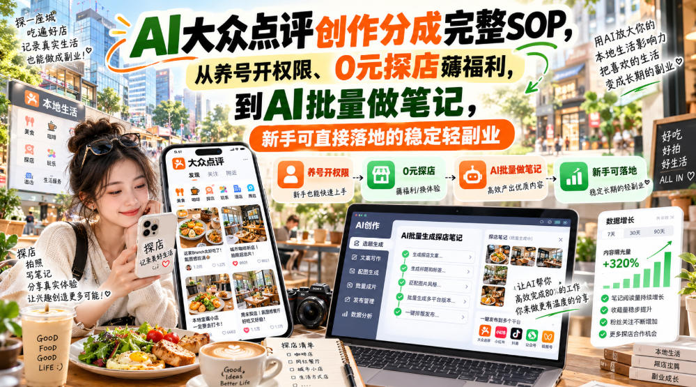 【无水印】AI大众点评创作分成完整SOP，从养号开权限、0元探店薅福利，到AI批量做笔记，新手可直接落地的稳定轻副业-爱搭资源网