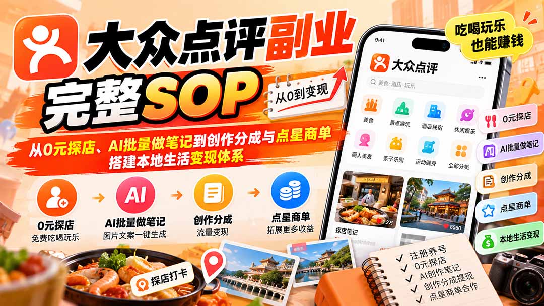 【无水印】大众点评副业完整SOP：从0元探店、AI批量做笔记到创作分成与点星商单，搭建本地生活变现体系-爱搭资源网