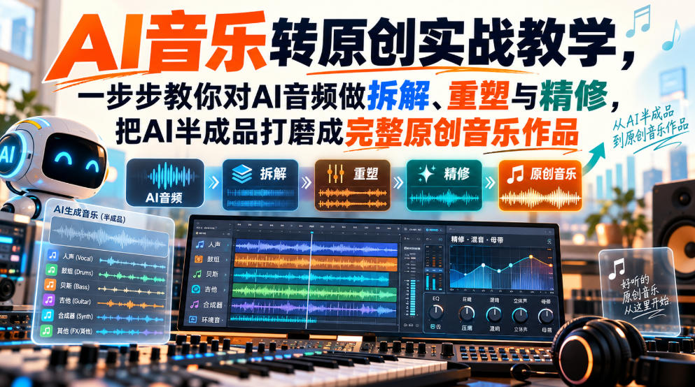 AI音乐转原创实战教学，一步步教你对AI音频做拆解、重塑与精修，把AI半成品打磨成完整原创音乐作品-爱搭资源网