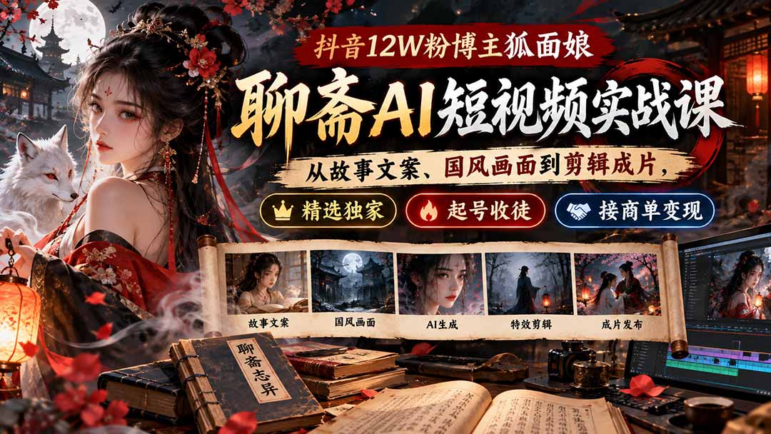 抖音12W粉博主狐面娘-聊斋AI短视频实战课：从故事文案、国风画面到剪辑成片，精选独家+起号收徒+接商单变现-爱搭资源网
