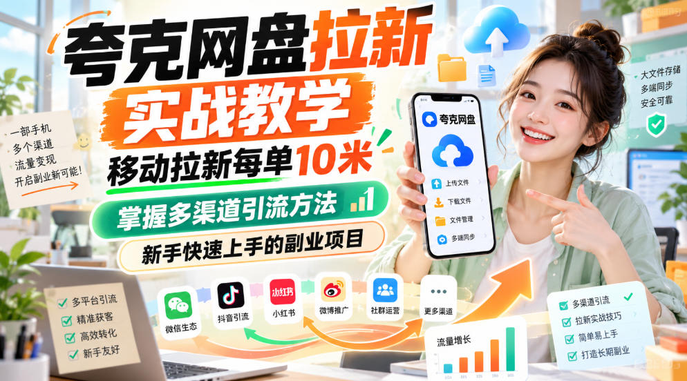 夸克网盘拉新实战教学，移动拉新每单10米，掌握多渠道引流方法，新手快速上手的副业项目-爱搭资源网