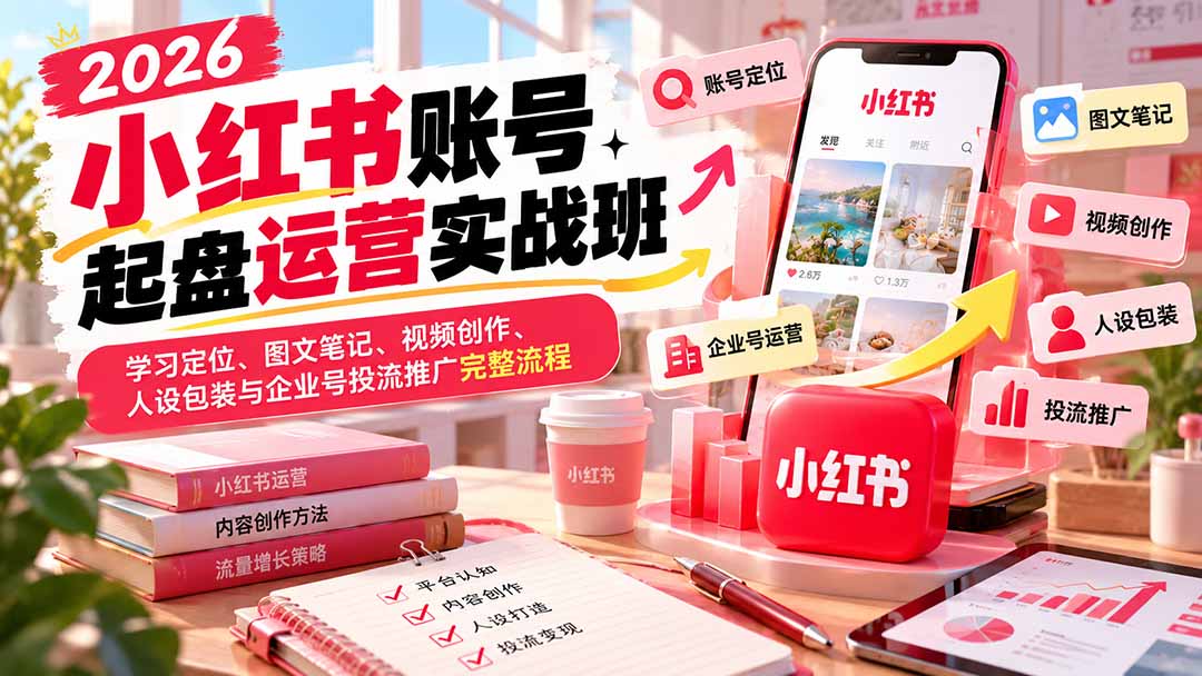 2026小红书账号起盘运营实战班：学习定位、图文笔记、视频创作、人设包装与企业号投流推广完整流程-爱搭资源网