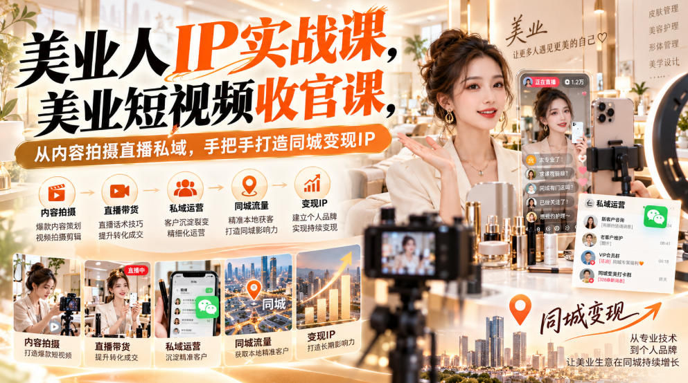 【无水印】美业人IP实战课，美业短视频收官课，从内容拍摄直播私域，手把手打造同城变现IP-爱搭资源网