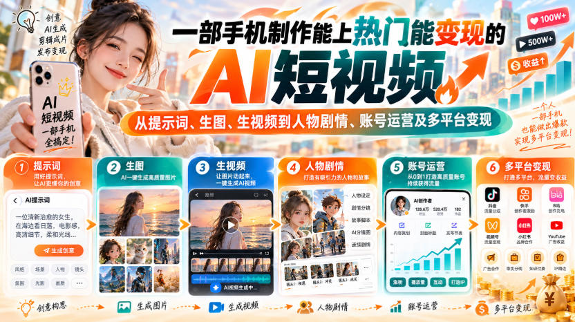 【无水印】一部手机制作能上热门能变现的AI短视频，从提示词、生图、生视频到人物剧情、账号运营及多平台变现-爱搭资源网