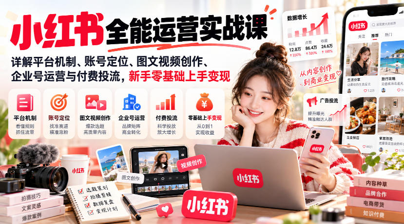 小红书全能运营实战课，详解平台机制、账号定位、图文视频创作、企业号运营与付费投流，新手零基础上手变现-爱搭资源网