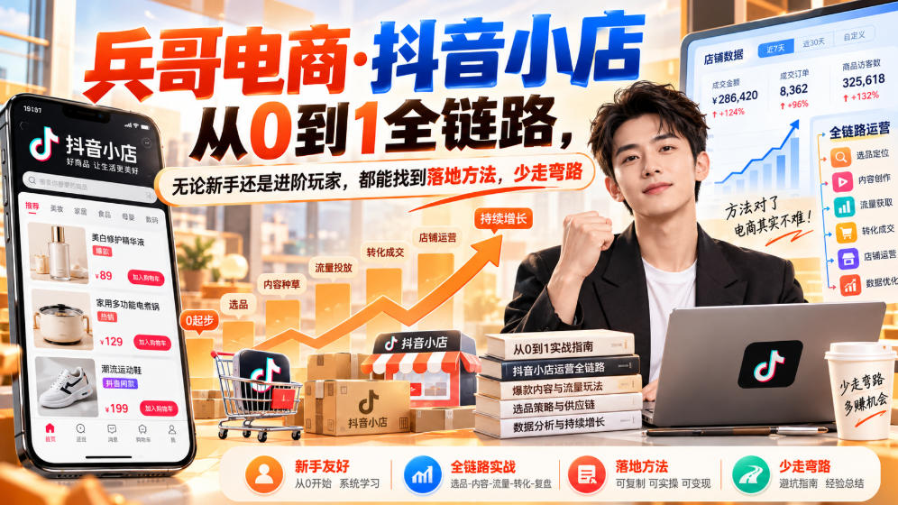 【无水印】兵哥电商·抖音小店从0到1全链路，无论新手还是进阶玩家，都能找到落地方法，少走弯路(更新9月)-爱搭资源网