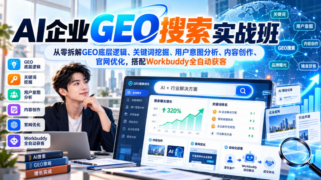 AI企业GEO搜索实战班，从零拆解GEO底层逻辑、关键词挖掘、用户意图分析、内容创作、官网优化，搭配Workbuddy全自动获客-爱搭资源网