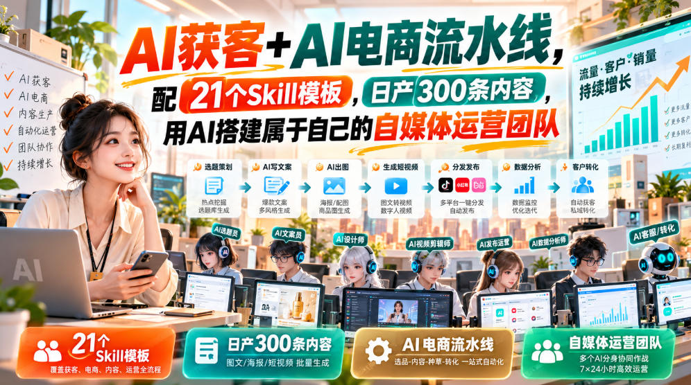 AI获客+AI电商流水线，配21个Skill模板，日产300条内容，用AI搭建属于自己的自媒体运营团队-爱搭资源网