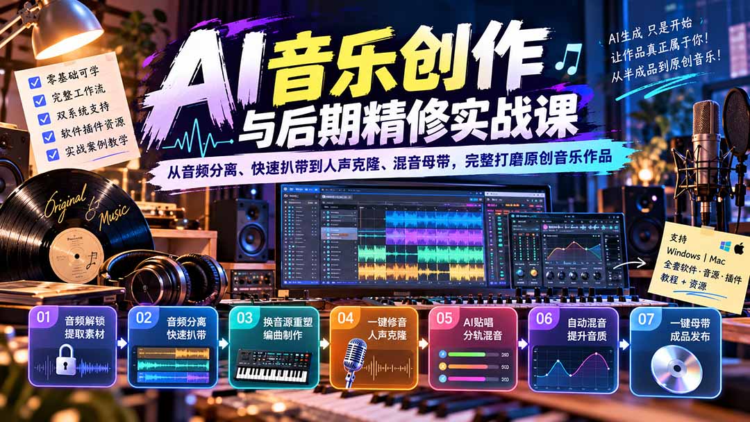 AI音乐创作与后期精修实战课：从音频分离、快速扒带到人声克隆、混音母带，完整打磨原创音乐作品-爱搭资源网