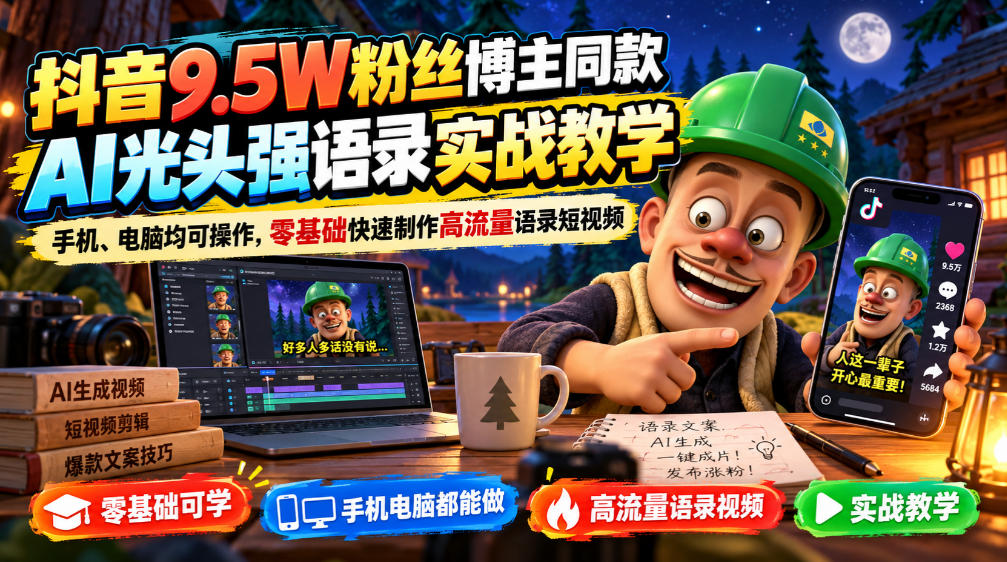 抖音9.5W粉丝博主同款AI光头强语录实战教学，手机、电脑均可操作，零基础快速制作高流量语录短视频-爱搭资源网