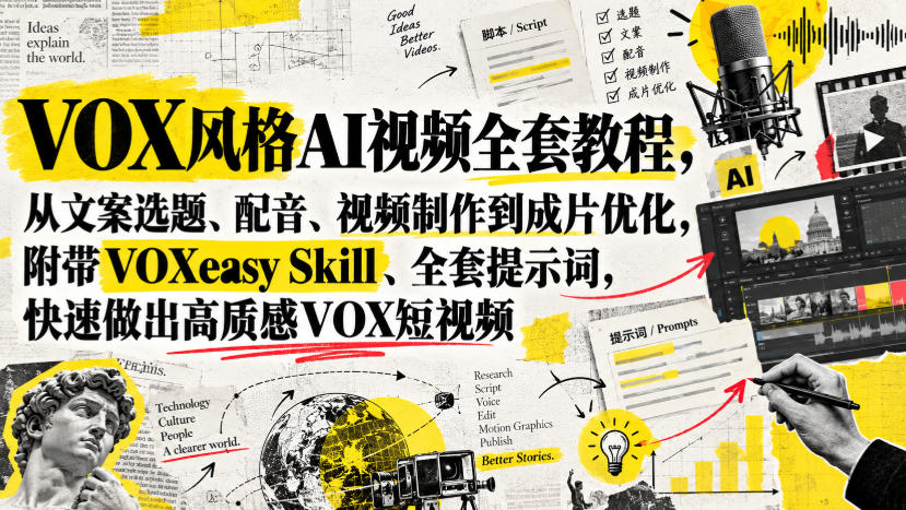 VOX风格AI视频全套教程，从文案选题、配音、视频制作到成片优化，附带VOXeasy Skill、全套提示词，快速做出高质感VOX短视频-爱搭资源网