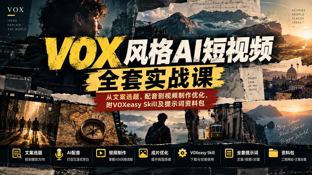 【无水印】VOX风格AI短视频全套实战课：从文案选题、配音到视频制作优化，附VOXeasy Skill及提示词资料包-爱搭资源网