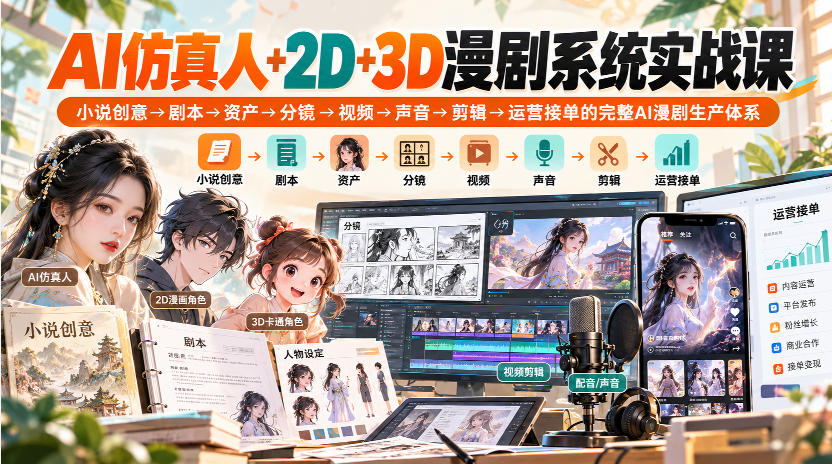【无水印】AI仿真人+2D+3D漫剧系统实战课，小说创意→剧本→资产→分镜→视频→声音→剪辑→运营接单的完整AI漫剧生产体系-爱搭资源网