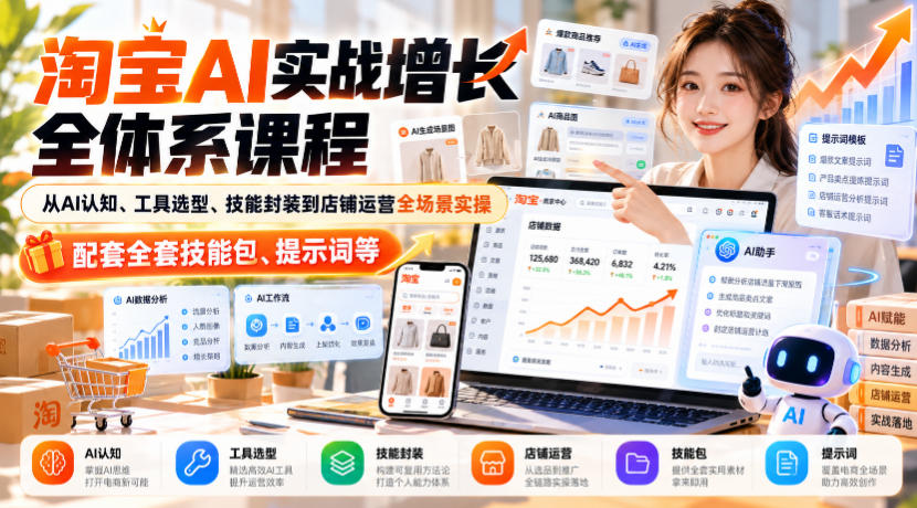 淘宝AI实战增长全体系课程，从AI认知、工具选型、技能封装到店铺运营全场景实操，配套全套技能包、提示词等-爱搭资源网
