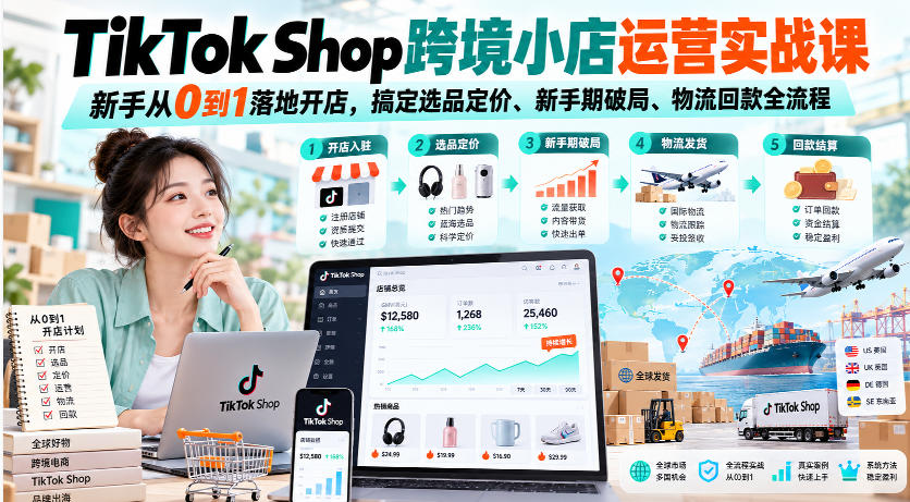 TikTok Shop跨境小店运营实战课，新手从0到1落地开店，搞定选品定价、新手期破局、物流回款全流程-爱搭资源网