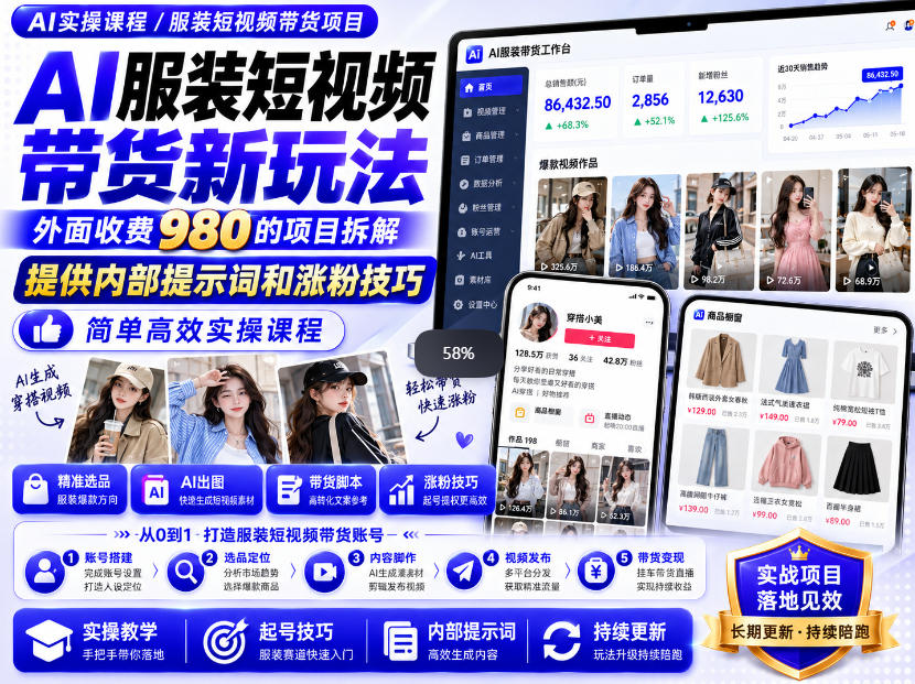 外面收费980AI快手带货系统课程，内部课程首次外放，操作简单高效，一分钟一条爆款视频-爱搭资源网