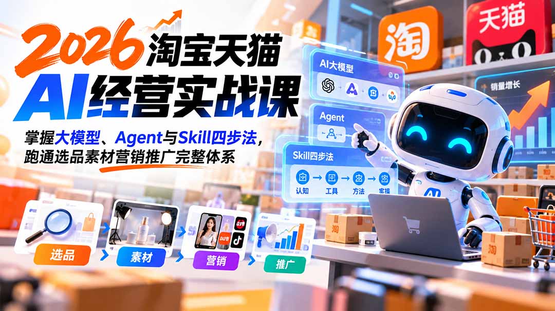【无水印】2026淘宝天猫AI经营实战课：掌握大模型、Agent与Skill四步法，跑通选品素材营销推广完整体系-爱搭资源网