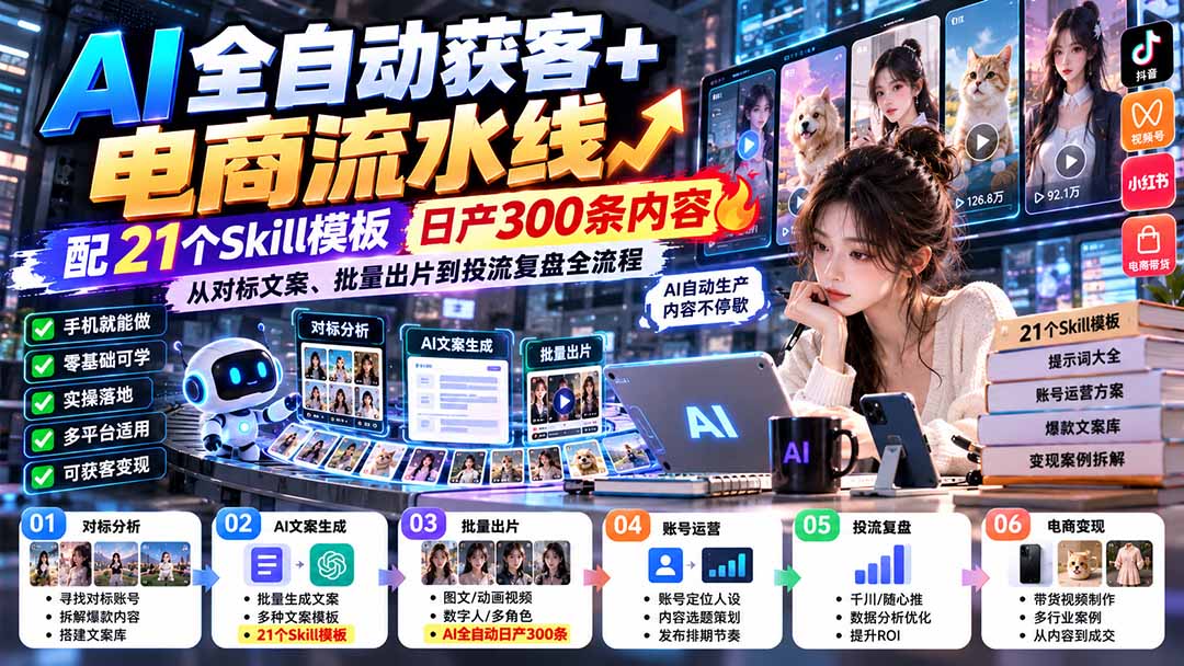 【无水印】AI全自动获客+电商流水线：配21个Skill模板，日产300条内容，从对标文案、批量出片到投流复盘全流程-爱搭资源网