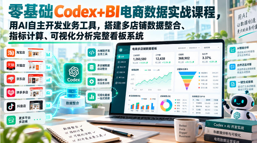 零基础Codex+BI电商数据实战课程，用AI自主开发业务工具，搭建多店铺数据整合、指标计算、可视化分析完整看板系统-爱搭资源网