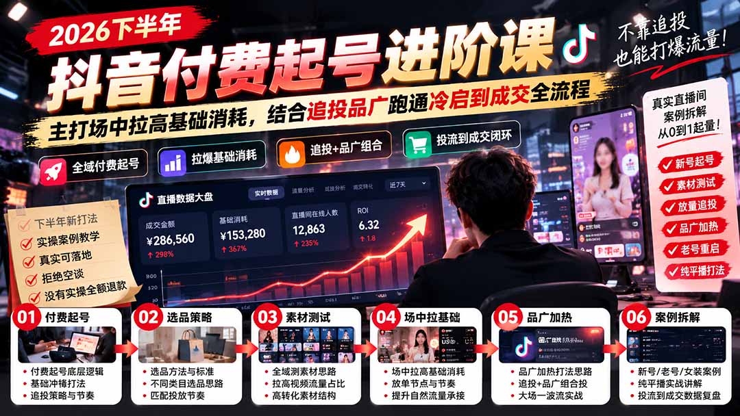 2026下半年抖音付费起号进阶课：主打场中拉高基础消耗，结合追投品广跑通冷启到成交全流程-爱搭资源网
