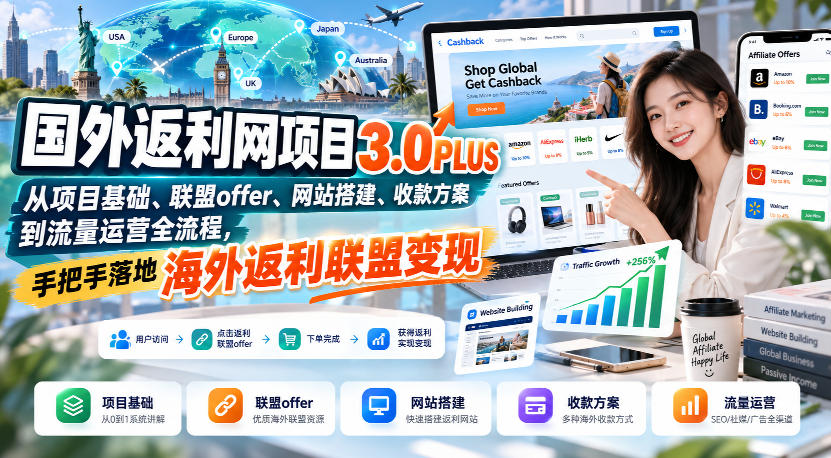 国外返利网项目3.0PLUS，从项目基础、联盟offer、网站搭建、收款方案到流量运营全流程，手把手落地海外返利联盟变现-爱搭资源网