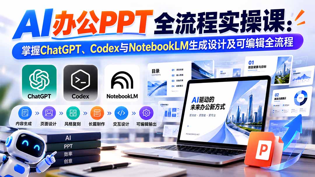 【无水印】AI办公PPT全流程实操课： 掌握ChatGPT、Codex与NotebookLM生成设计及可编辑全流程-爱搭资源网