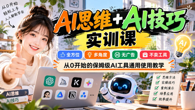 【无水印】AI思维+AI技巧实训课，全方位、多角度、无广告、不卖工具，从0开始的保姆级AI工具通用使用教学-爱搭资源网