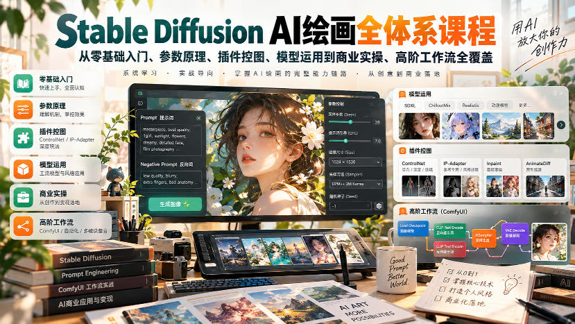 【无水印】Stable Diffusion AI绘画全体系课程，从零基础入门、参数原理、插件控图、模型运用到商业实操、高阶工作流全覆盖-爱搭资源网